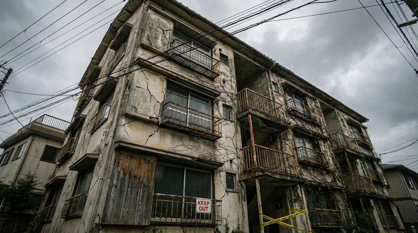 ひび割れが見える古いアパートの外観。耐震不足の建物を所有し続けるリスクを象徴している。