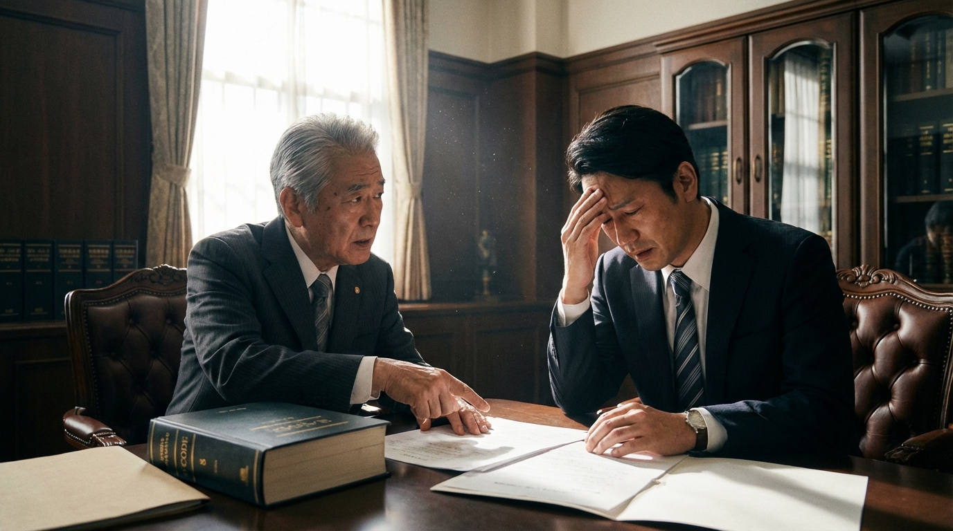 弁護士が不動産管理会社の担当者に最高裁判例を解説している相談風景