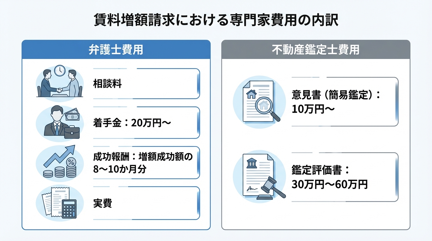 賃料増額請求にかかる専門家費用（弁護士費用と不動産鑑定士費用）の内訳と相場をまとめた図解。