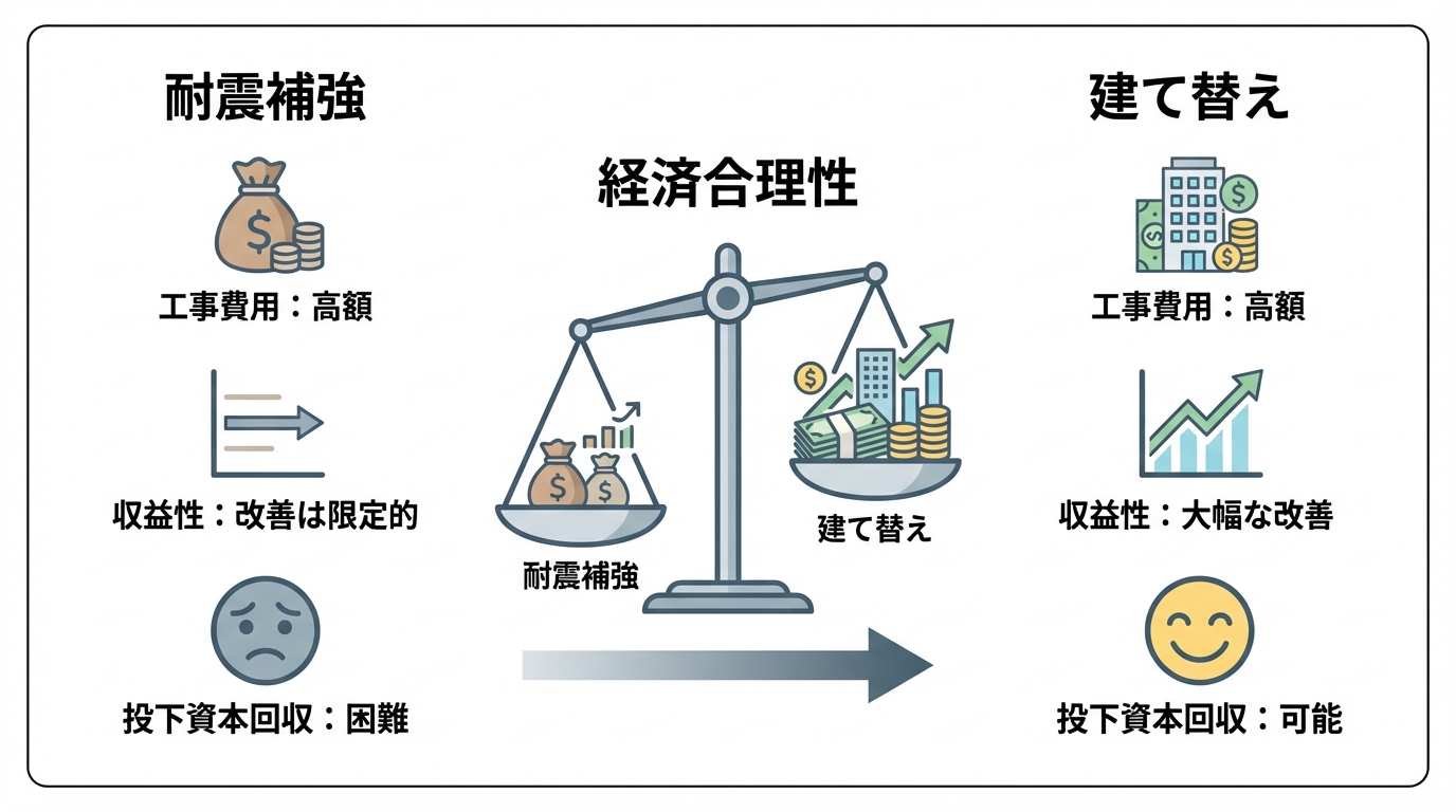 耐震補強と建て替えの経済合理性を比較する図解。工事費用、収益性、資本回収の観点から建て替えの優位性を示している。