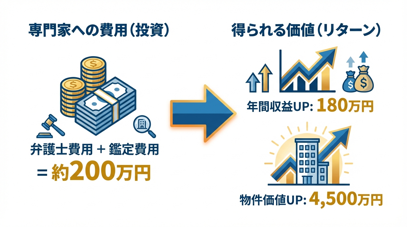 賃料増額の成功事例における費用対効果の図解。200万円の専門家費用で、年間収益180万円増、物件価値4500万円増という大きなリターンが得られたことを示しています。