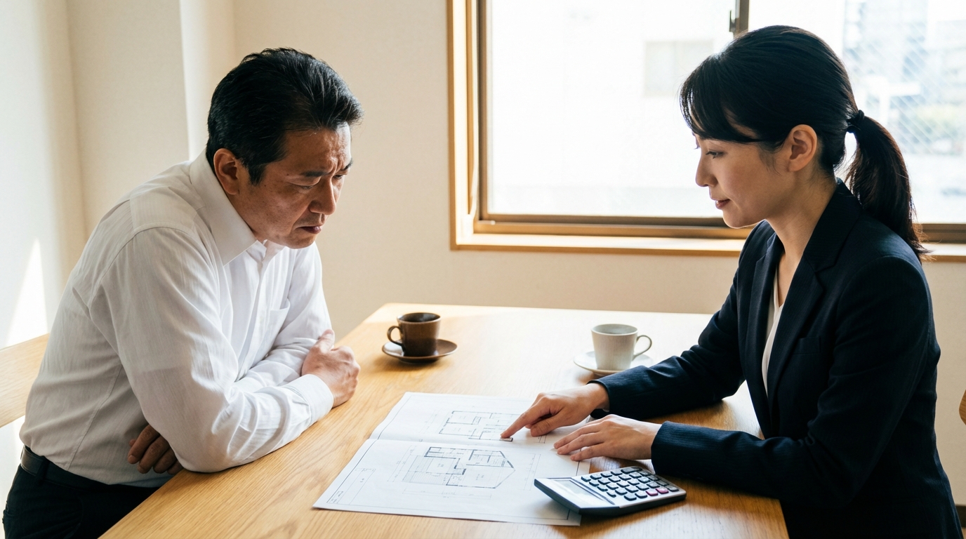 弁護士に相談する不動産オーナー。営業補償など複雑な問題について専門家のアドバイスを受けている。