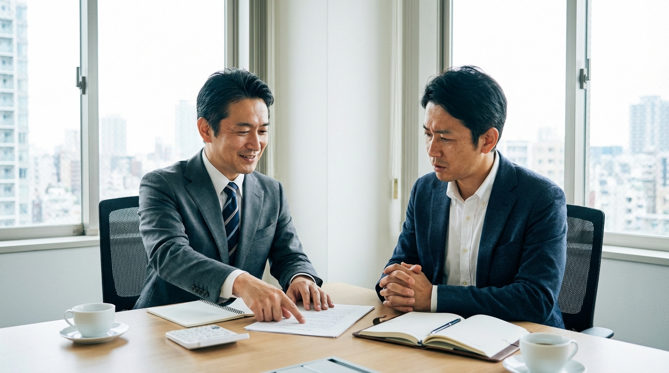 不動産案件に強い弁護士に賃料増額請求について相談する不動産オーナー。