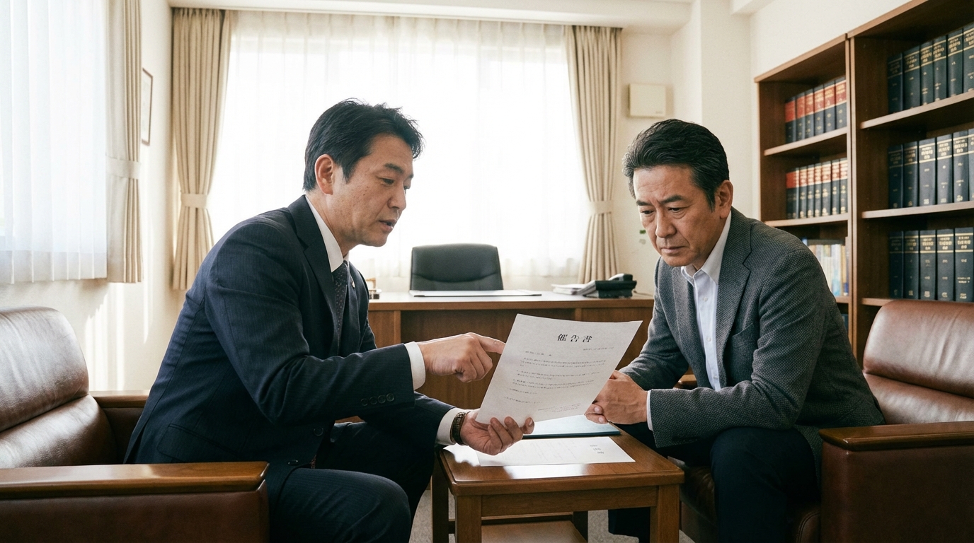 弁護士が不動産オーナーに内容証明郵便について説明している様子。法的手続きの第一歩としての重要性を示唆している。