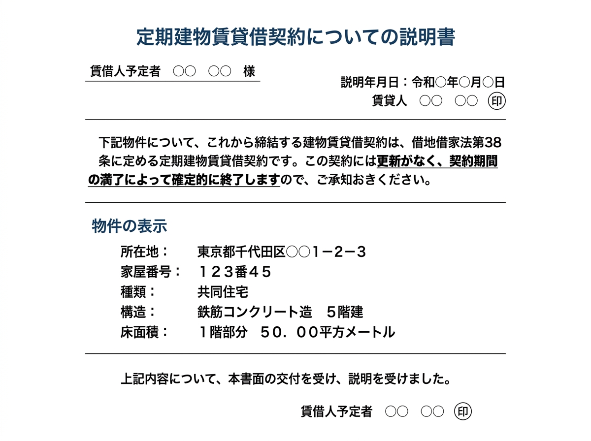 定期借家契約の事前説明書の例文。契約更新がなく期間満了で終了する旨や、物件情報、貸主・借主の署名欄が記載されている。