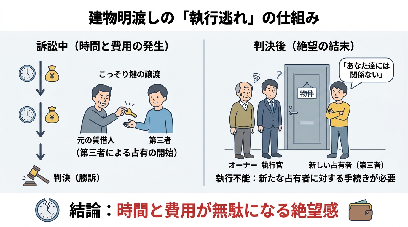 占有移転禁止の仮処分がない場合の建物明渡し強制執行の失敗例を示す図解。訴訟中に占有者が変わり、判決後にオーナーと執行官が新しい占有者に執行を阻まれている様子。