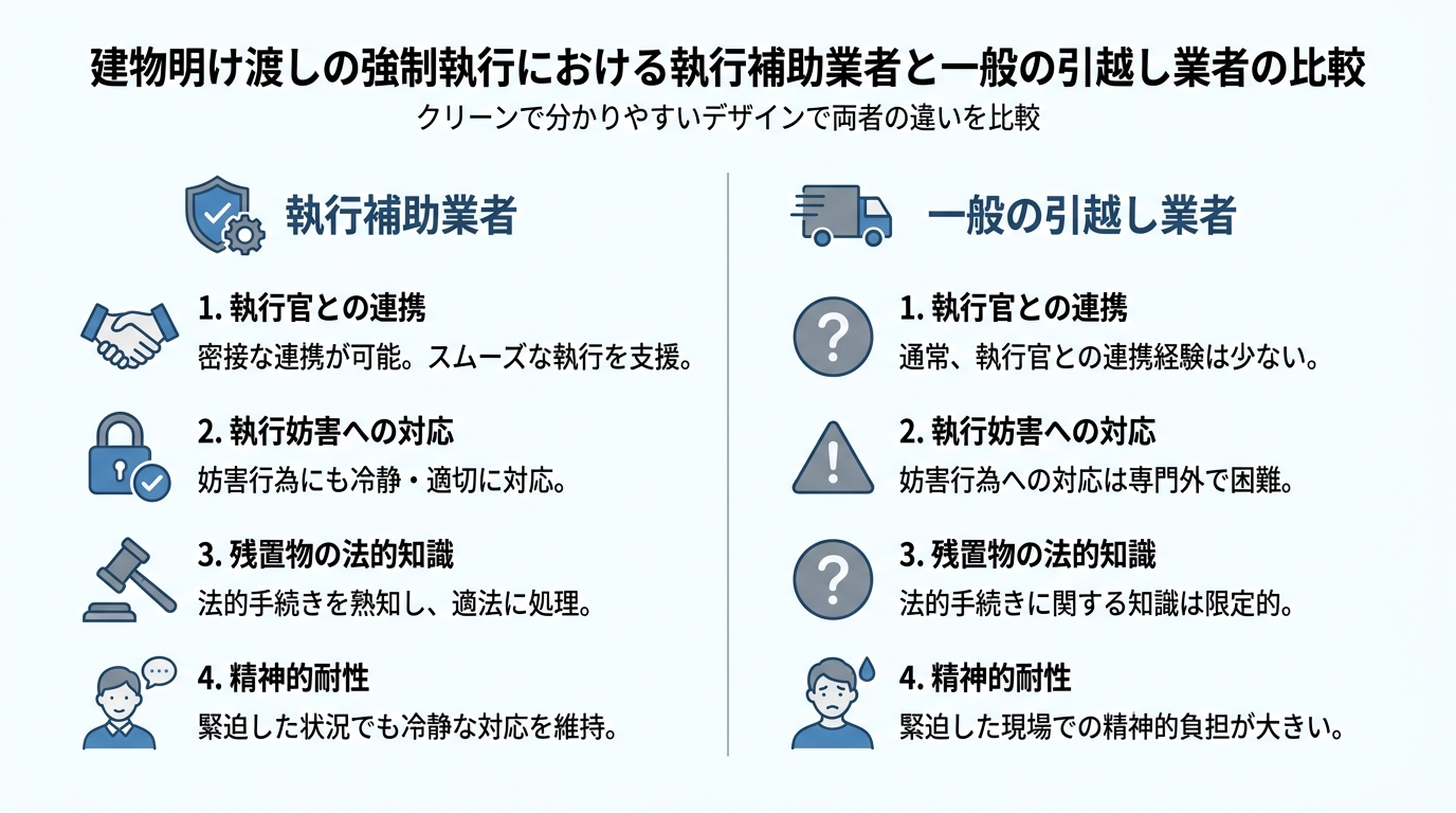 執行補助業者と一般引越し業者の違いを比較する図解。執行官との連携、執行妨害への対応、法的知識、精神的耐性の4項目で、執行補助業者の専門性の高さを解説している。