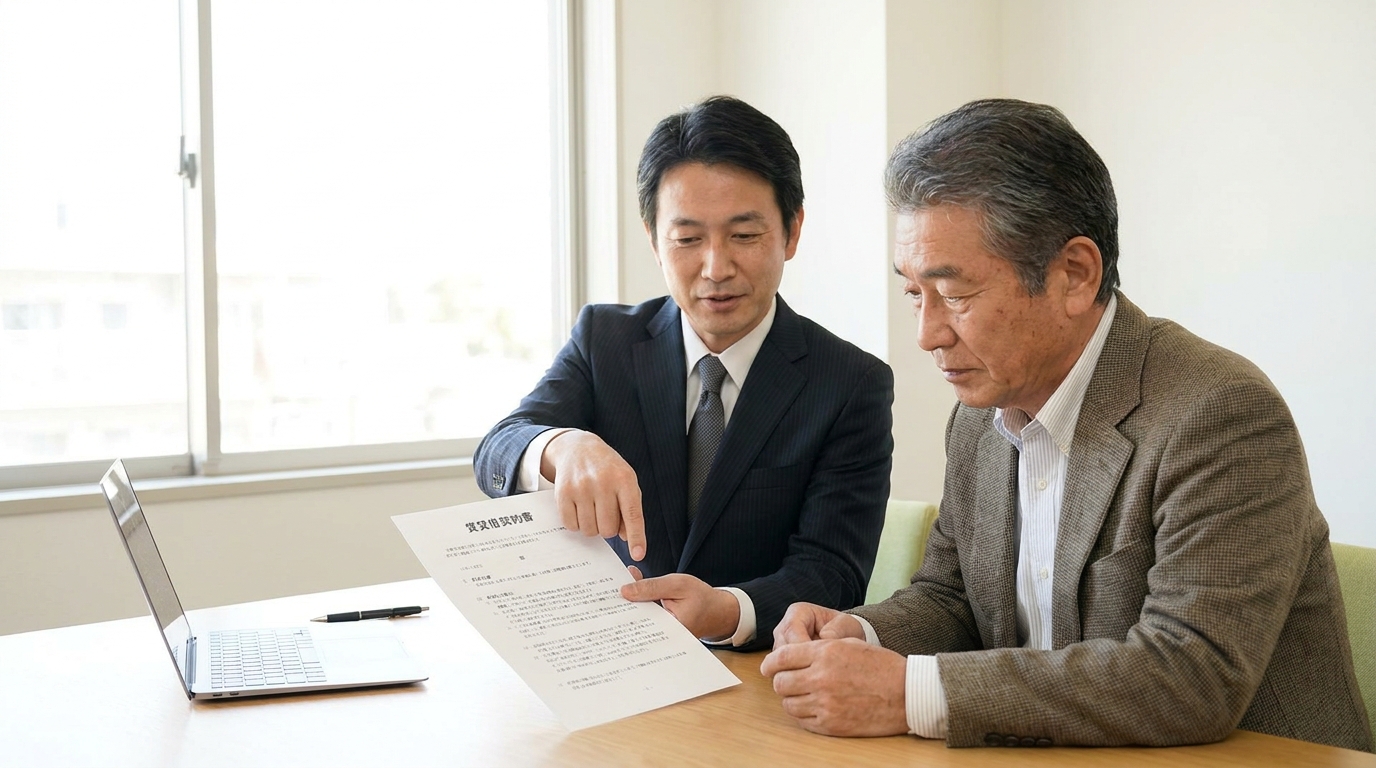 弁護士が賃貸借契約書の内容について不動産オーナーにアドバイスしている様子。契約書の見直しの重要性を示唆している。