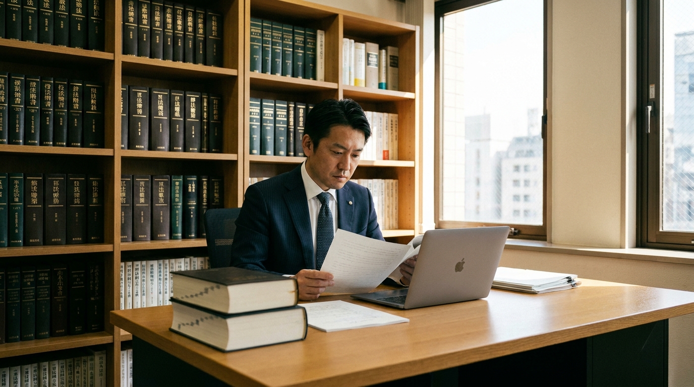 法律事務所で、執行補助業者の選定に関する書類を真剣に確認する弁護士。