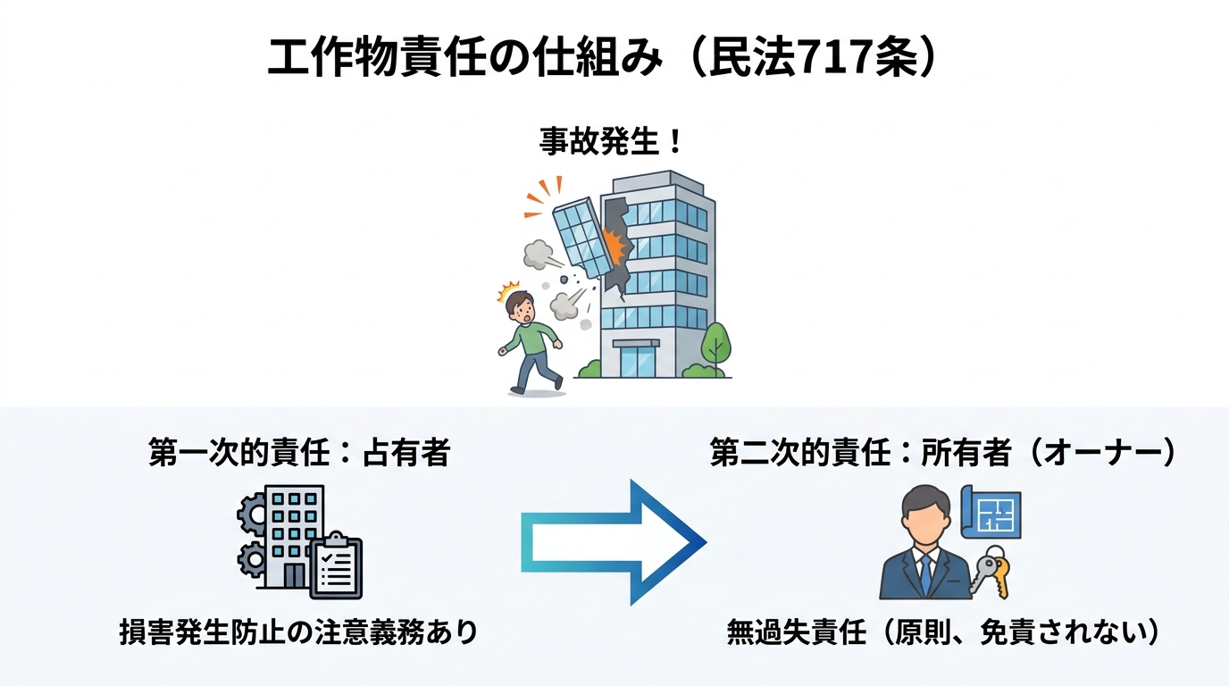 民法717条に基づく工作物責任の仕組みを図解したインフォグラフィック。占有者が第一次的責任、所有者が第二次的な無過失責任を負う二段階構造を示している。