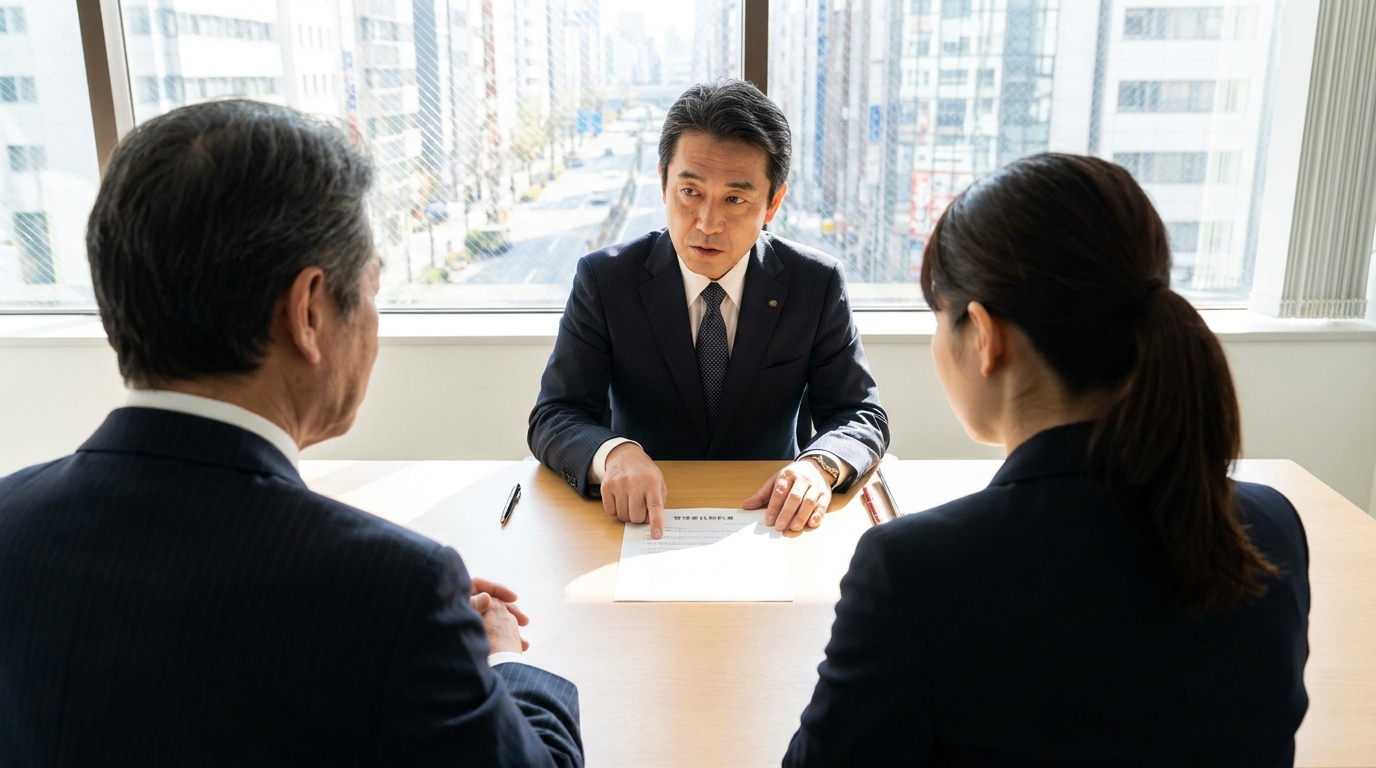弁護士が管理委託契約書の内容をビルオーナーと管理会社の担当者に説明している相談風景。契約書の見直しが工作物責任のリスク管理に重要であることを示唆している。