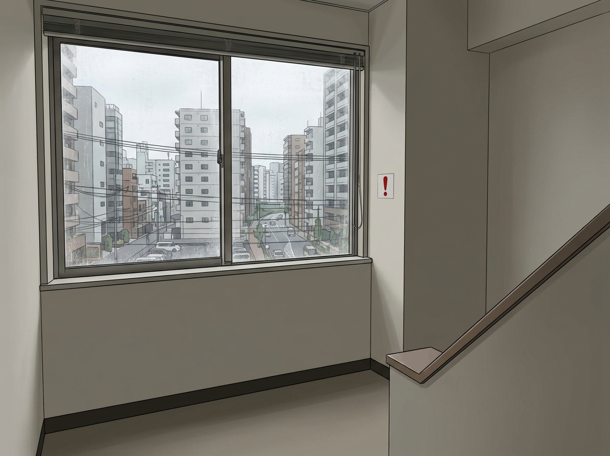 ビルの階段踊り場にある腰壁が低い窓のイラスト。転落事故の危険性を示唆しており、建物の設計上の瑕疵の例として描かれている。