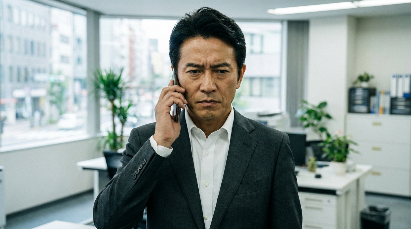 スーツ姿の男性がオフィスで真剣な表情で電話している。建物の事故発生後、弁護士や保険会社に連絡している様子。